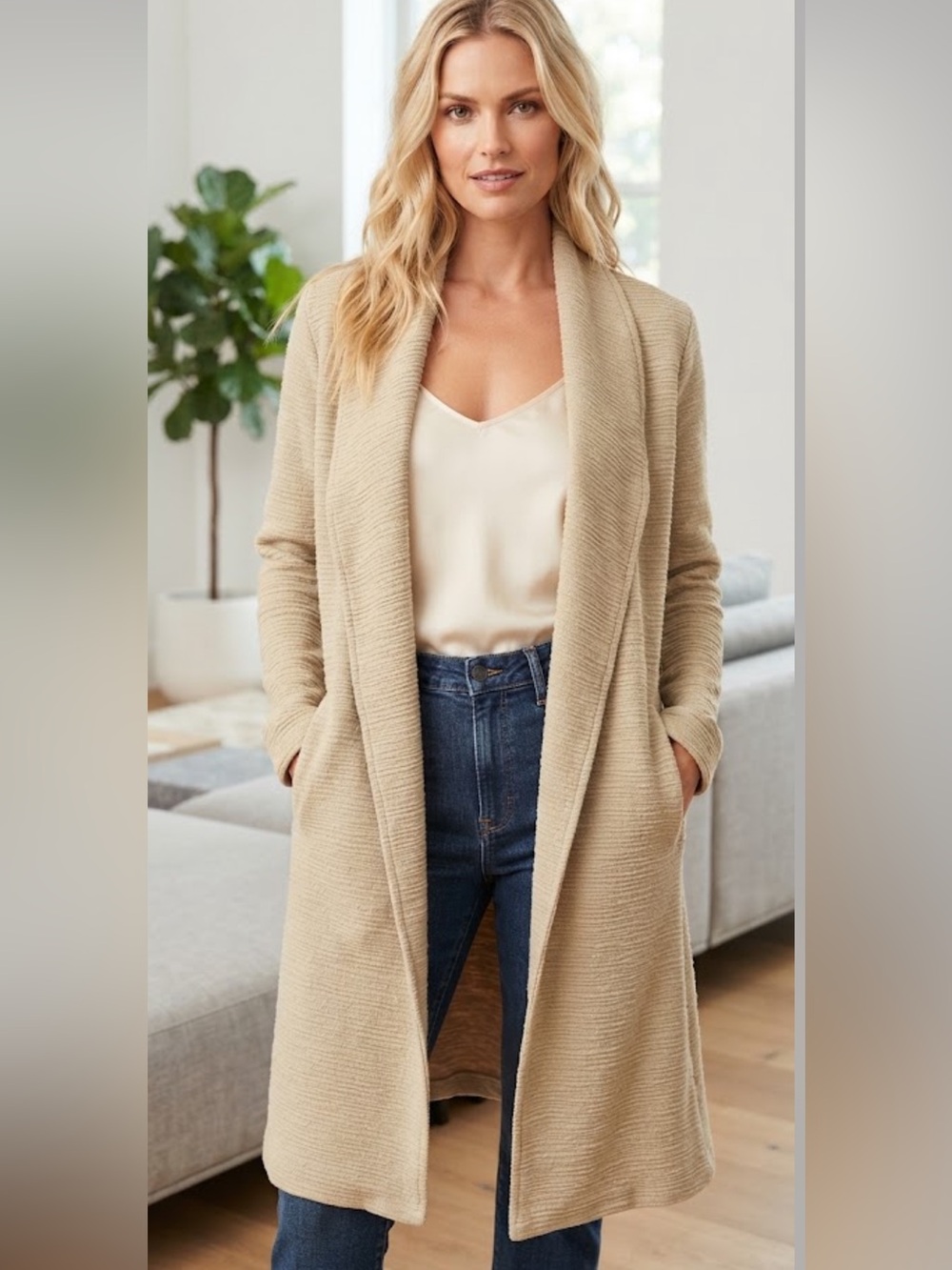 NEW STEVE MADDEN KNUBBY Beige Open-Front Long Knit Cardigan DUSTER, S